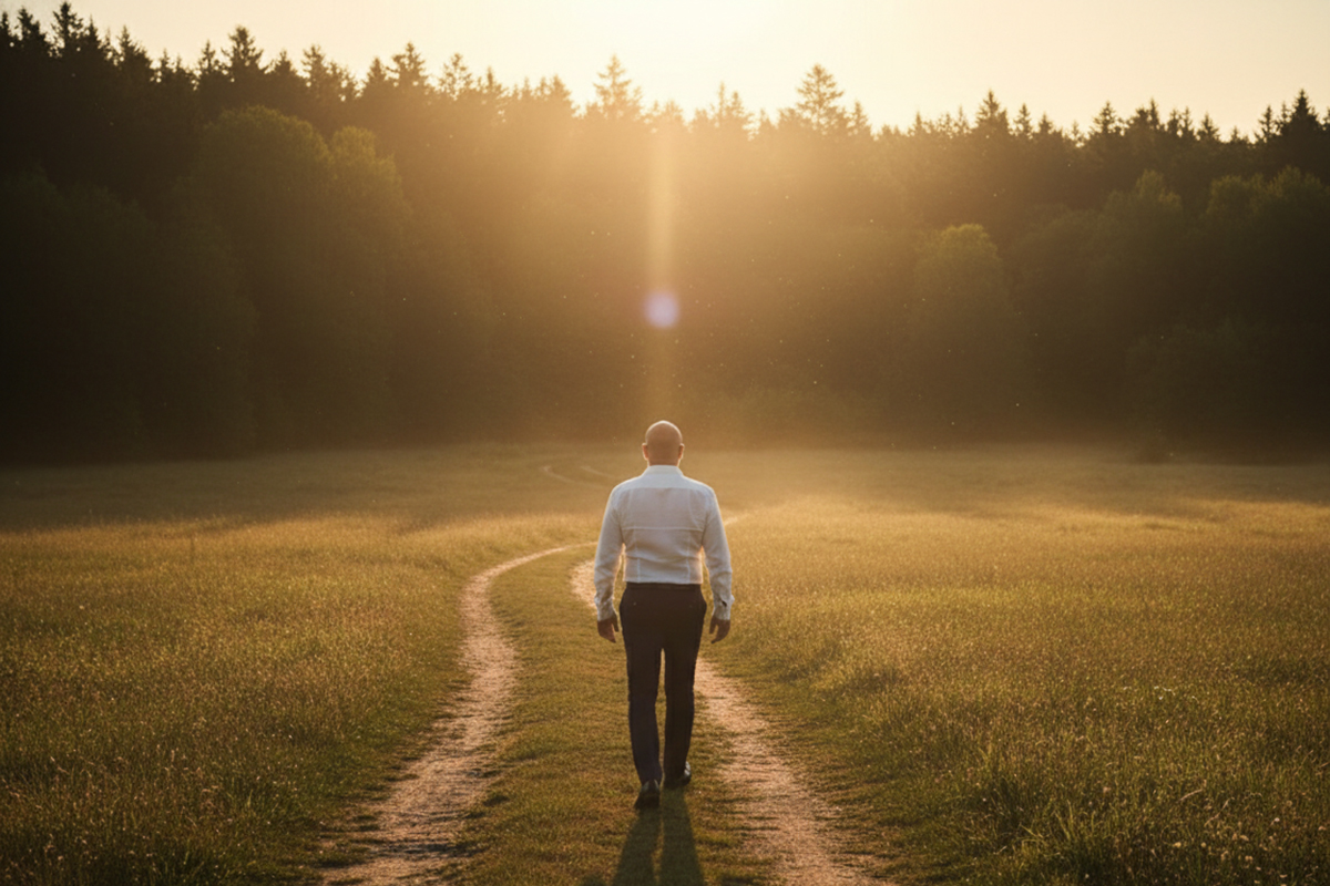 Hombre caminando hacia la luz en un paisaje natural