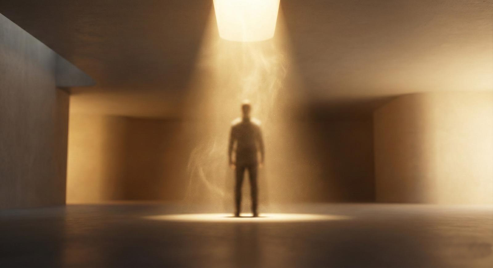 Figura caminando hacia un haz de luz